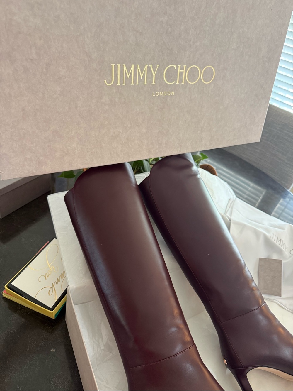 Jimmy Choo Burgundy Brown Leather Knee-High Heeled Boots - Picture 3 of 9
